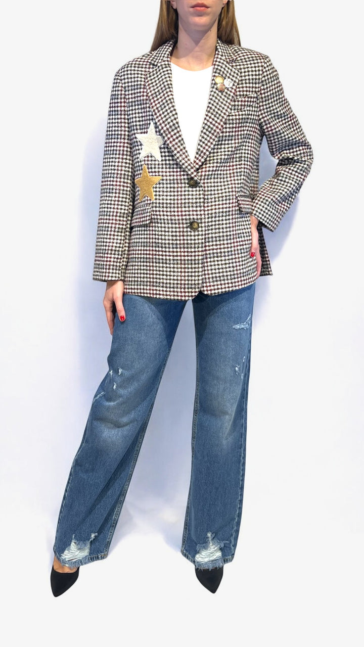 KONTATTO - GIACCA MONOPETTO TARTAN CON PATCH