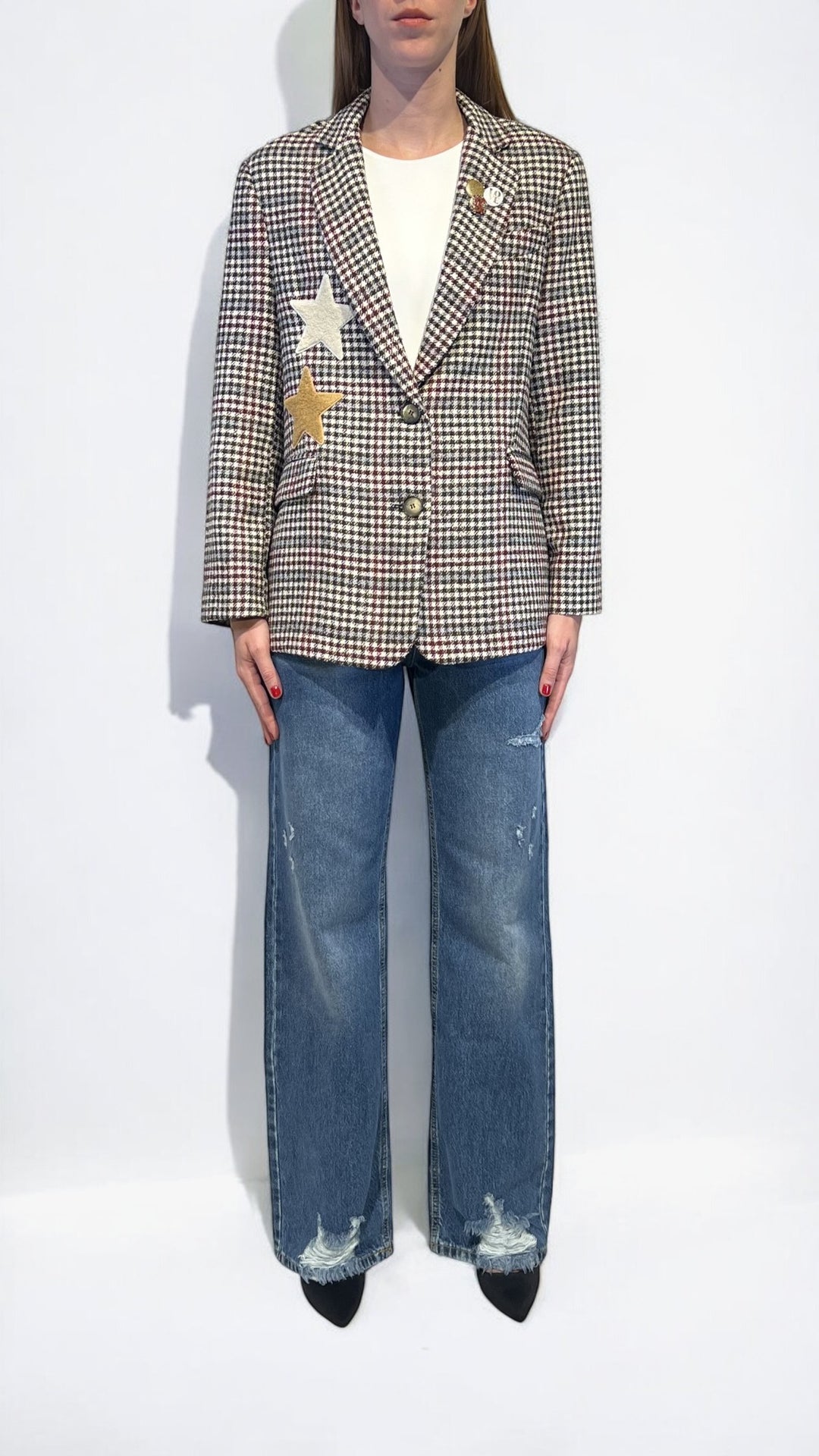 KONTATTO - GIACCA MONOPETTO TARTAN CON PATCH