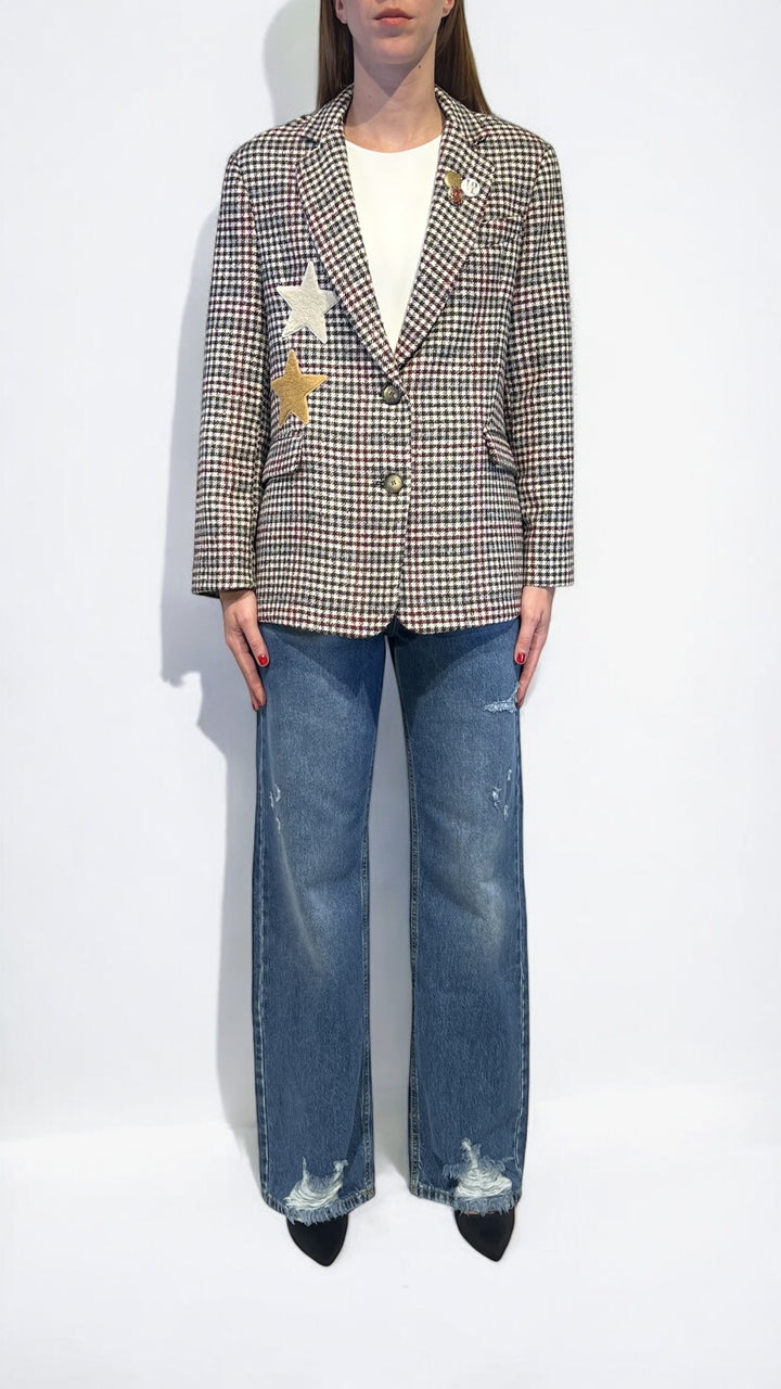 KONTATTO - GIACCA MONOPETTO TARTAN CON PATCH