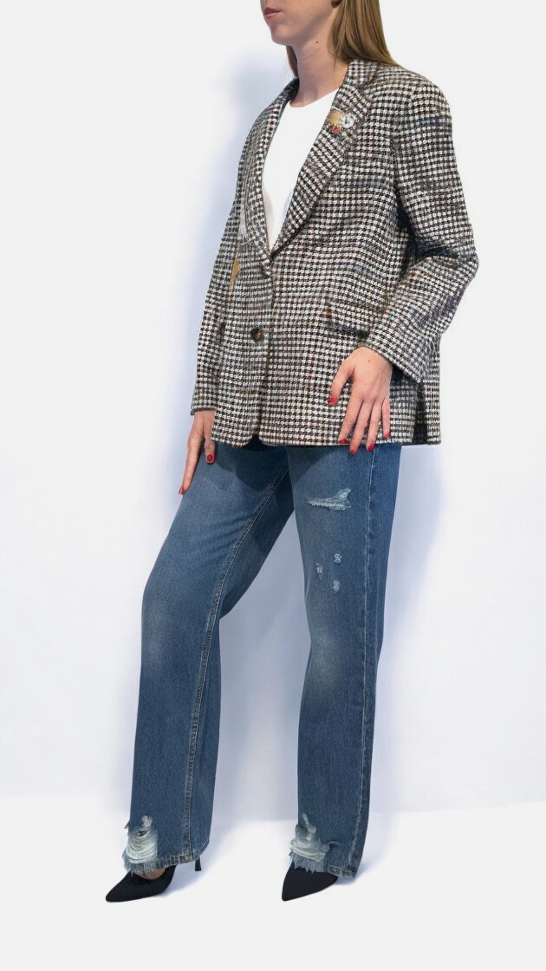 KONTATTO - GIACCA MONOPETTO TARTAN CON PATCH