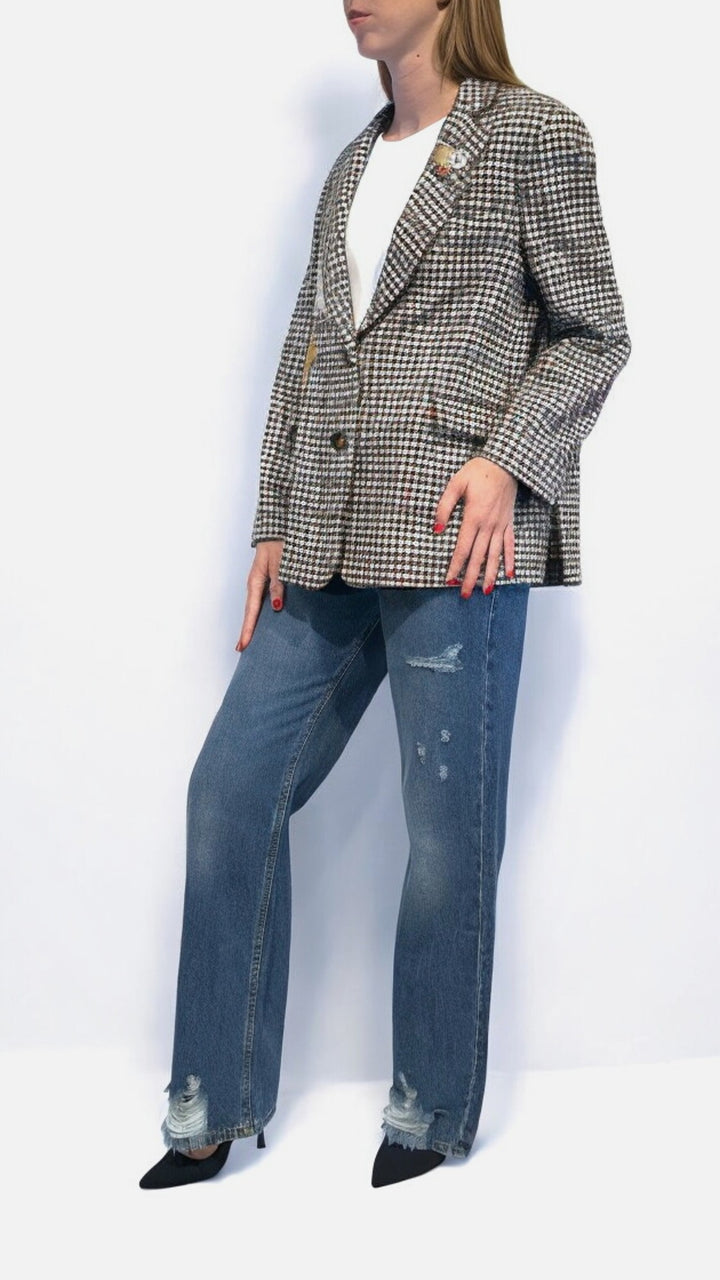 KONTATTO - GIACCA MONOPETTO TARTAN CON PATCH