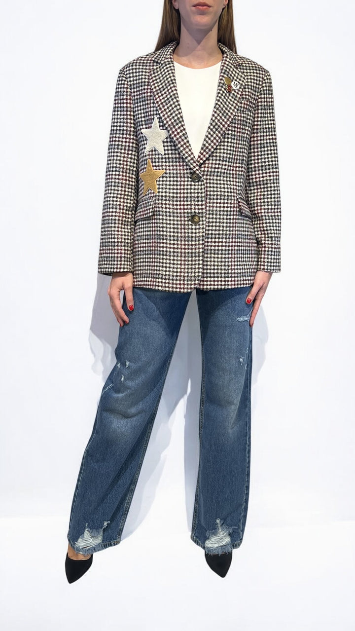 KONTATTO - GIACCA MONOPETTO TARTAN CON PATCH