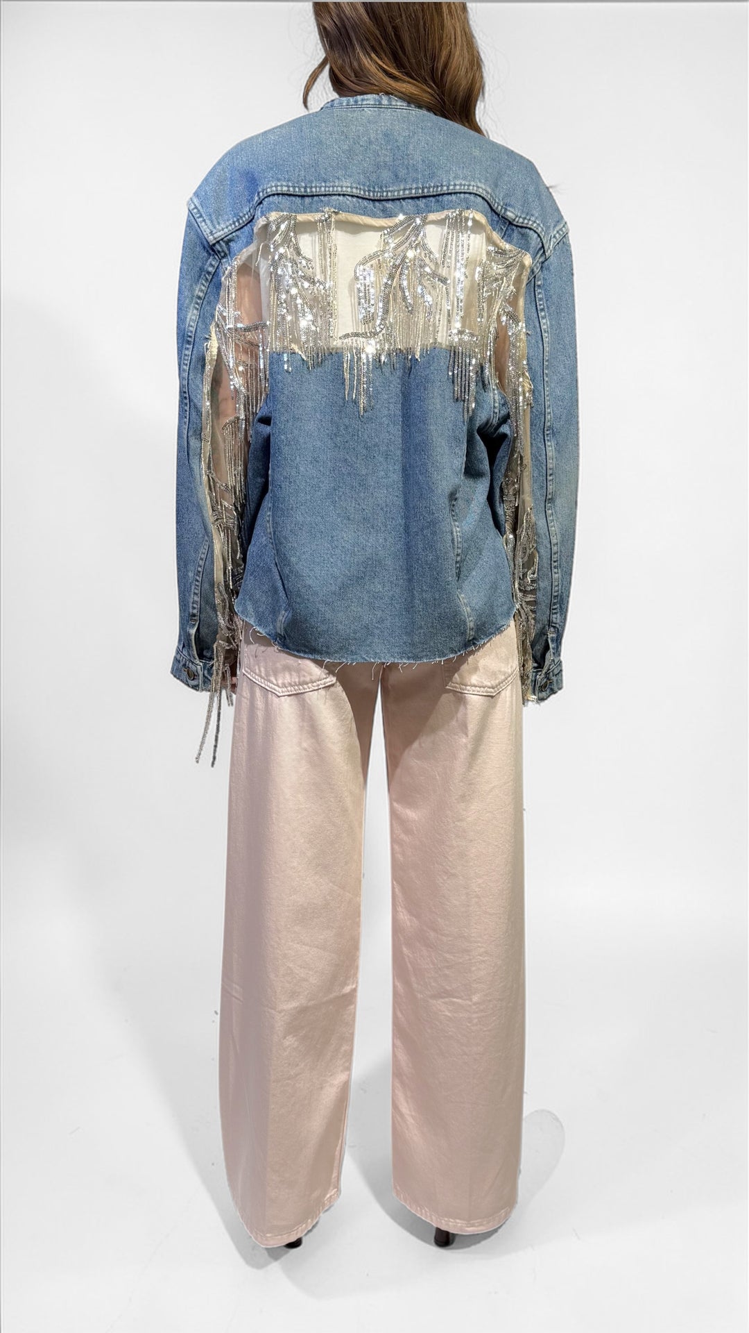 TENSIONE IN - GIACCA DENIM INSERTI TULLE E PAILLETTES